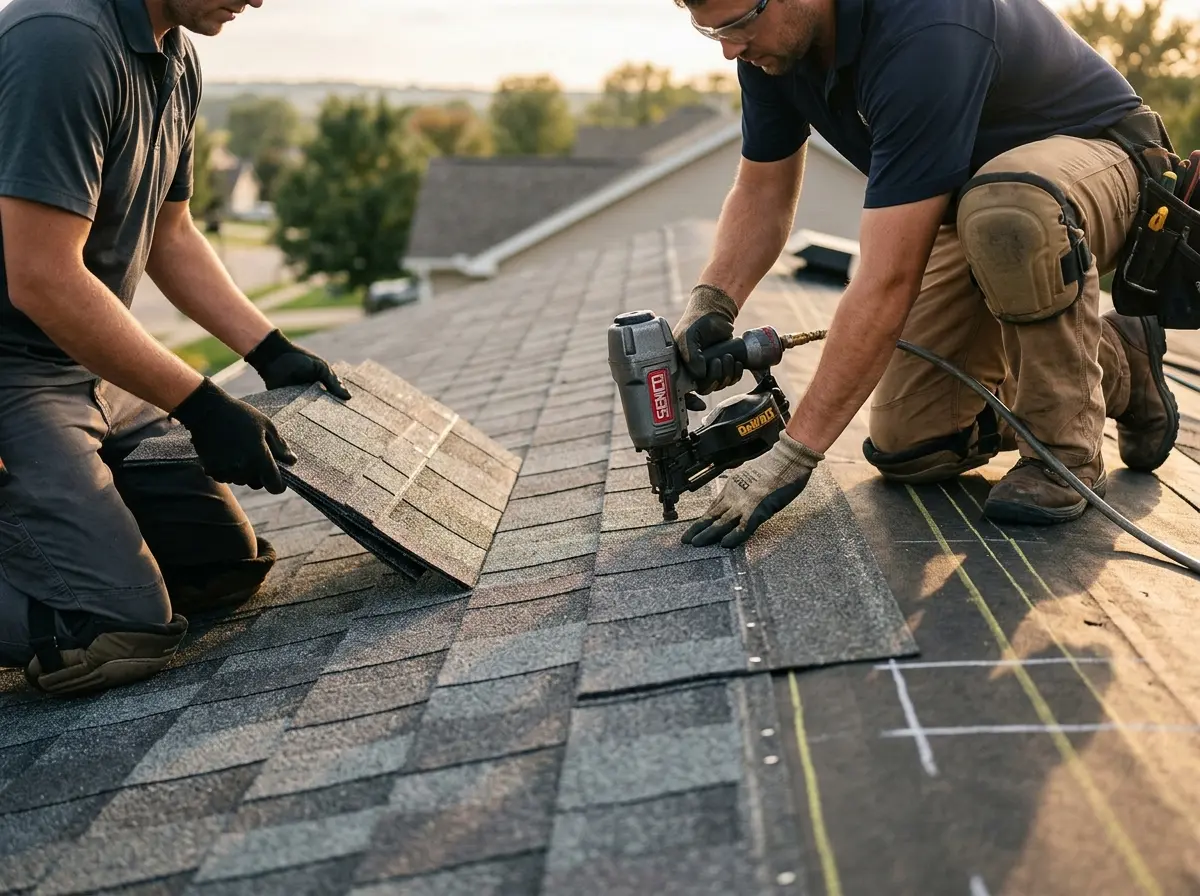 Professional roofer working on a residential roof in Belle Isle